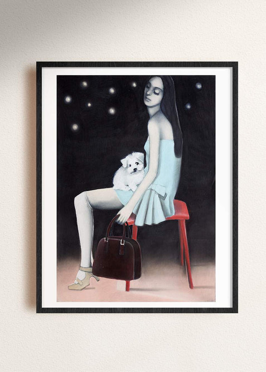 "Model with Maltese" framed drawing by Norwegian artist Edvarda
