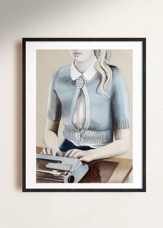 "Typewriter with brooche" framed drawing by Norwegian artist Edvarda