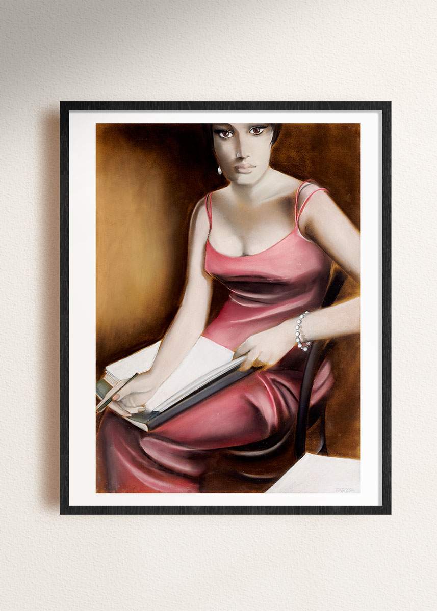 "Red silk dress" framed drawing by Norwegian artist Edvarda