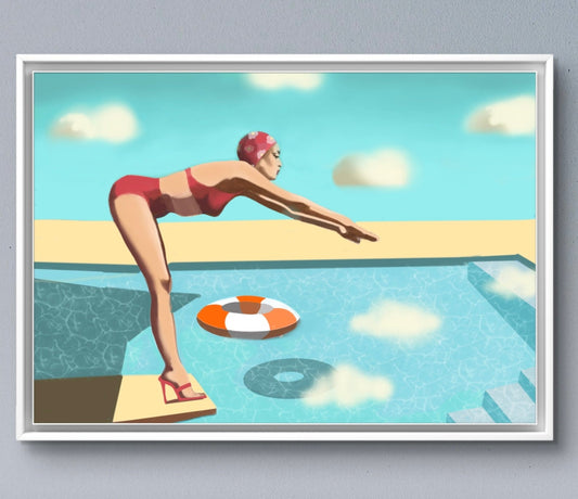 "Diving Donna with Lifebouy", framed artwork by Norwegian artist Edvarda
