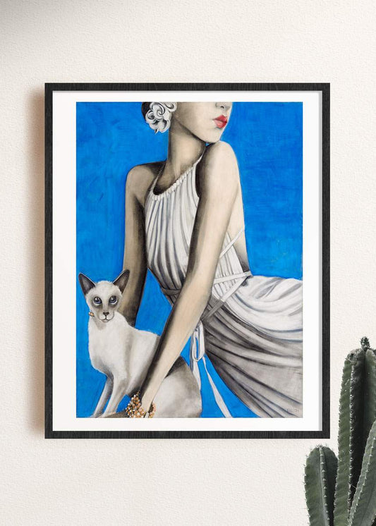 "Model with siamese" framed drawing by Norwegian artist Edvarda