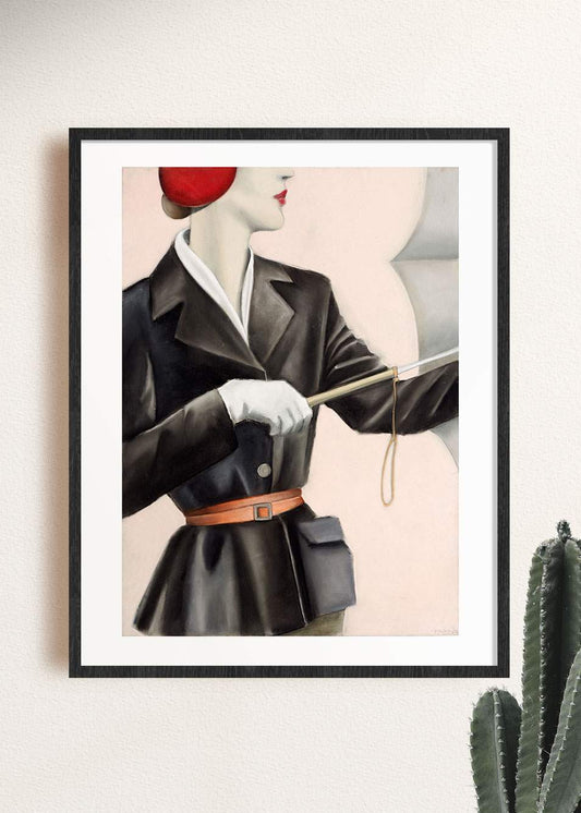 "Red beret and umbrella" framed drawing by Norwegian artist Edvarda