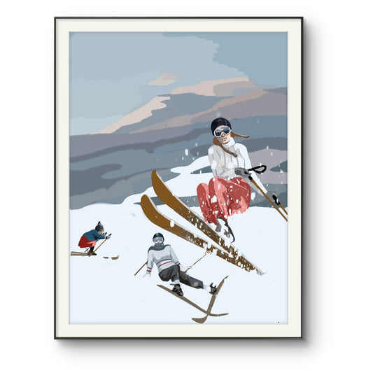 Født med ski på beina (Born with skis on their feet) in a a frame, by Norwegian painter Edvarda