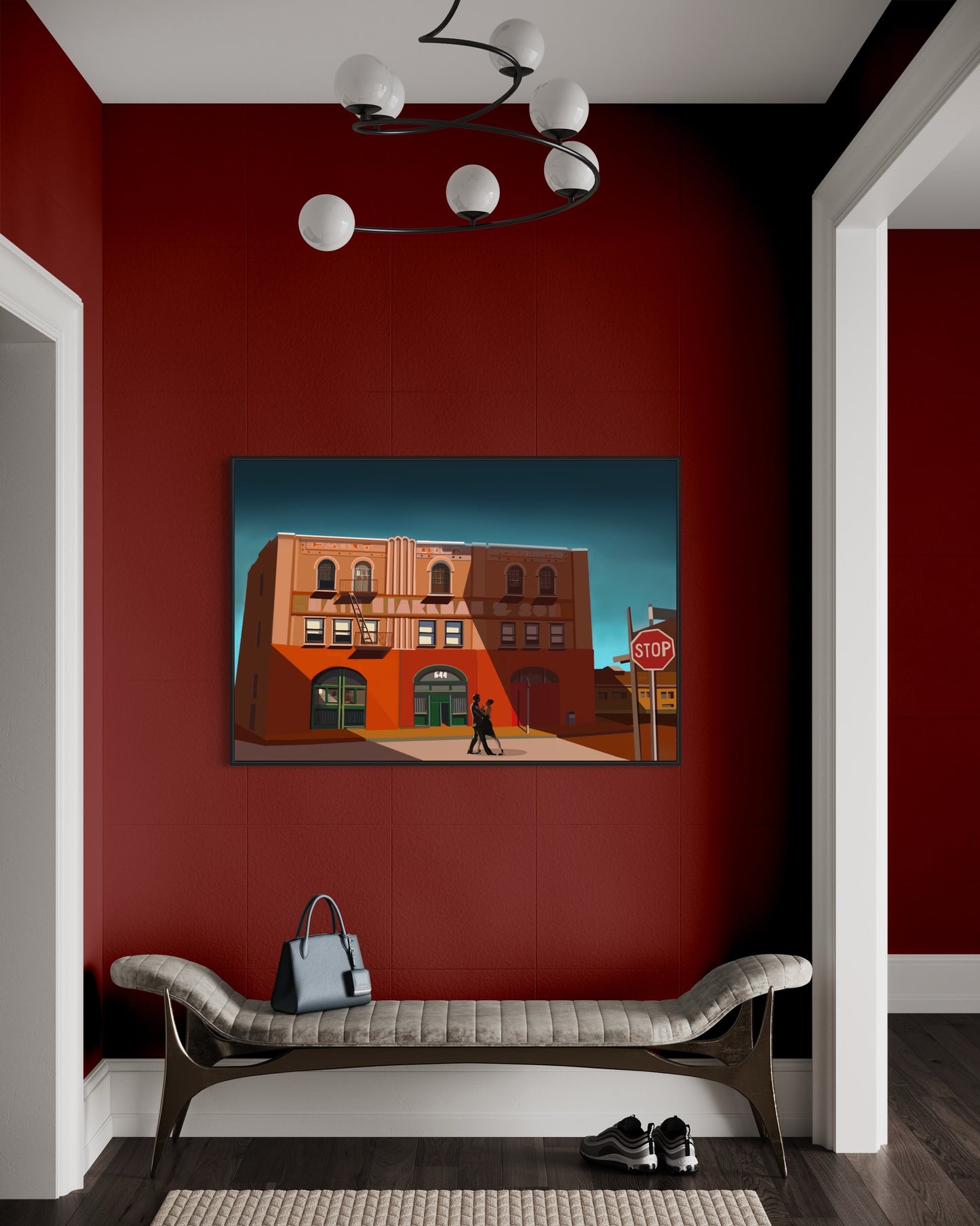 "Warehouse waltz" artwork by Norwegian artist Edvarda in an interior.