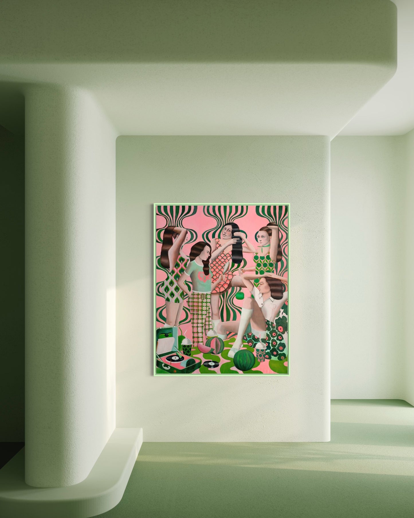 "Pool side mood" painting by Norwegian artist Edvarda imounted on a wall.