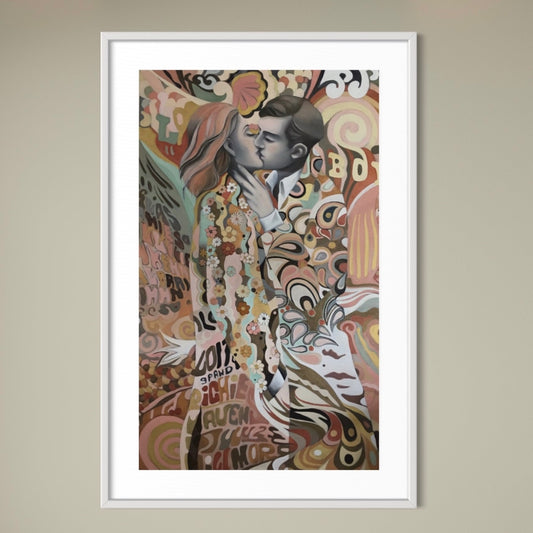 "The Kiss" framed painting by Norwegian artist Edvarda