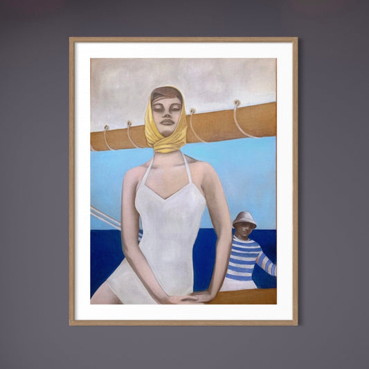 "Woman at the helm" framed painting by Norwegian artist Edvarda