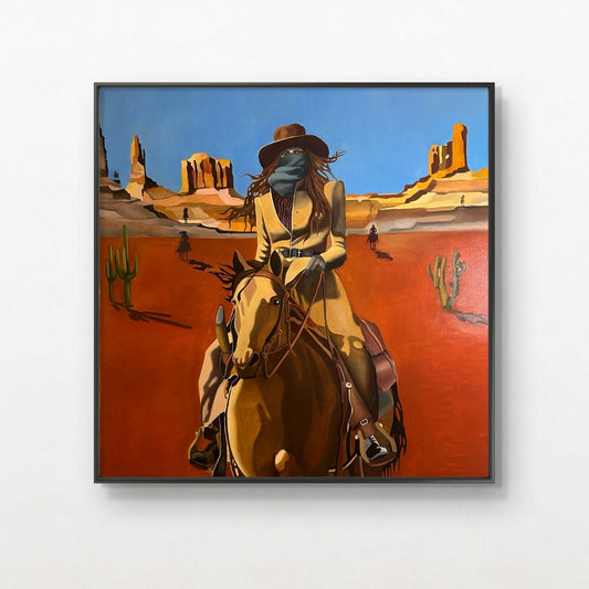 "Say a prayer for the cowgirl", framed, painting by Norwegian artist Edvarda