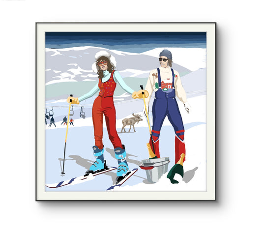 "Apres Ski", framed, painting by Norwegian artist Edvarda Braanaas
