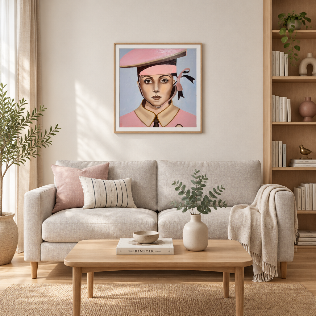 Skandinavisk stue med Piccolo Rosa og Wes Anderson-preg