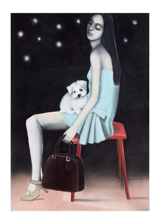 "Model with Maltese" drawing  by Norwegian artist Edvarda 