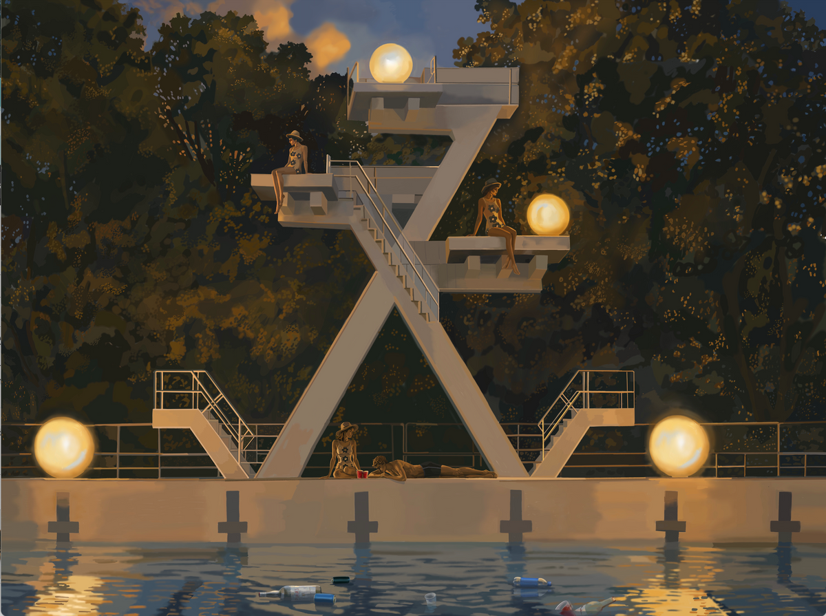 Love Leaves a Mess – poolside night scene with diving tower