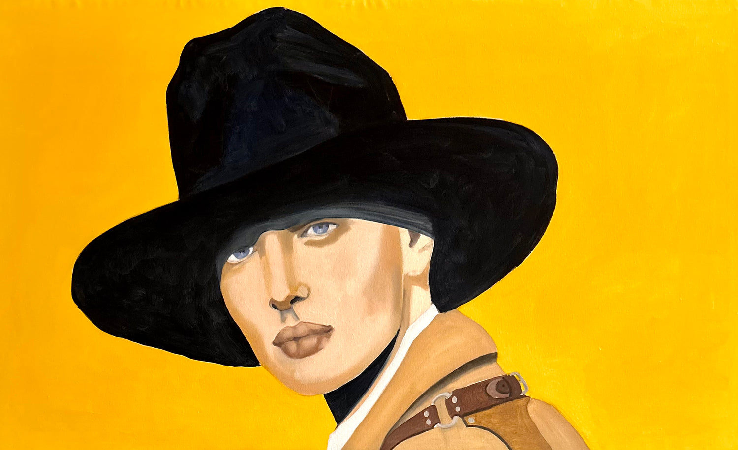 Woman with a big black hat on yellow background