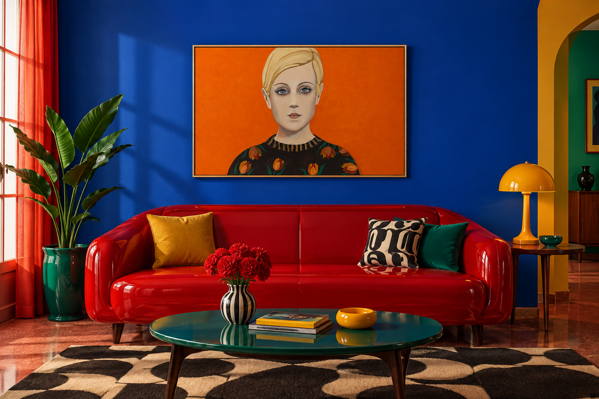 Almodóvar-stue med liggende Tangerine Tulip