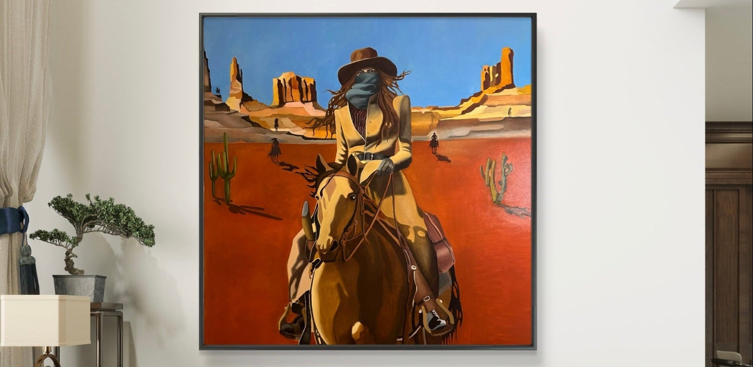 «Say a prayer for the cowgirl» painting of Norwegian artist Edvarda in an interior.
