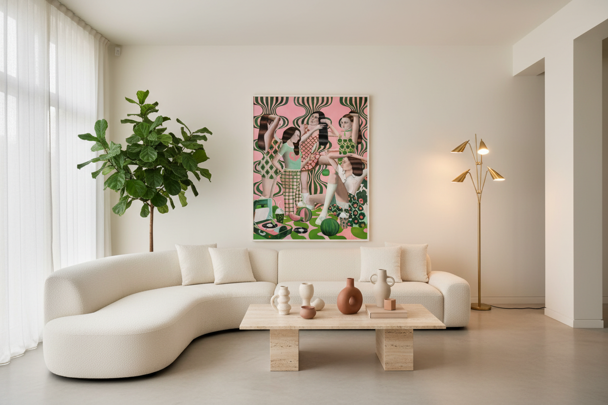 "Les Demoiselles d'Artist" av Edvarda Braanaas innrammet i en contemporary stue