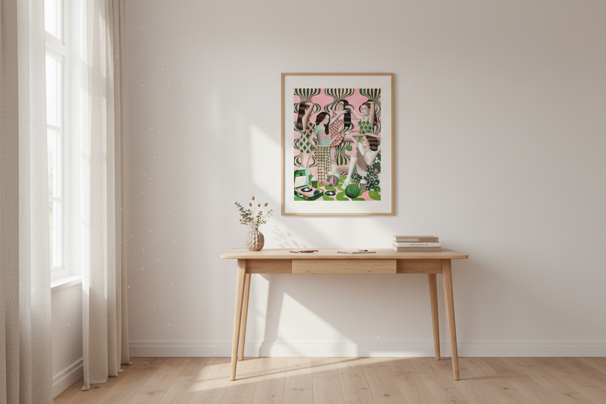 "Les Demoiselles d'Artist" av Edvarda Braanaas innrammet i et minimalistisk atelier