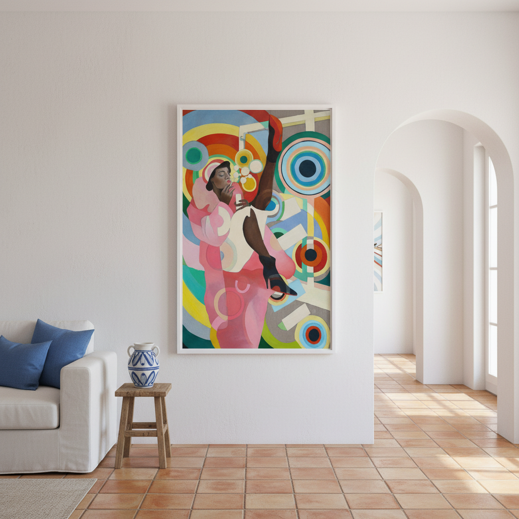 "Sister Delaunay" av Edvarda Braanaas som stort statement-verk i et gresk/mediterrant interiør, XL 130x80 cm