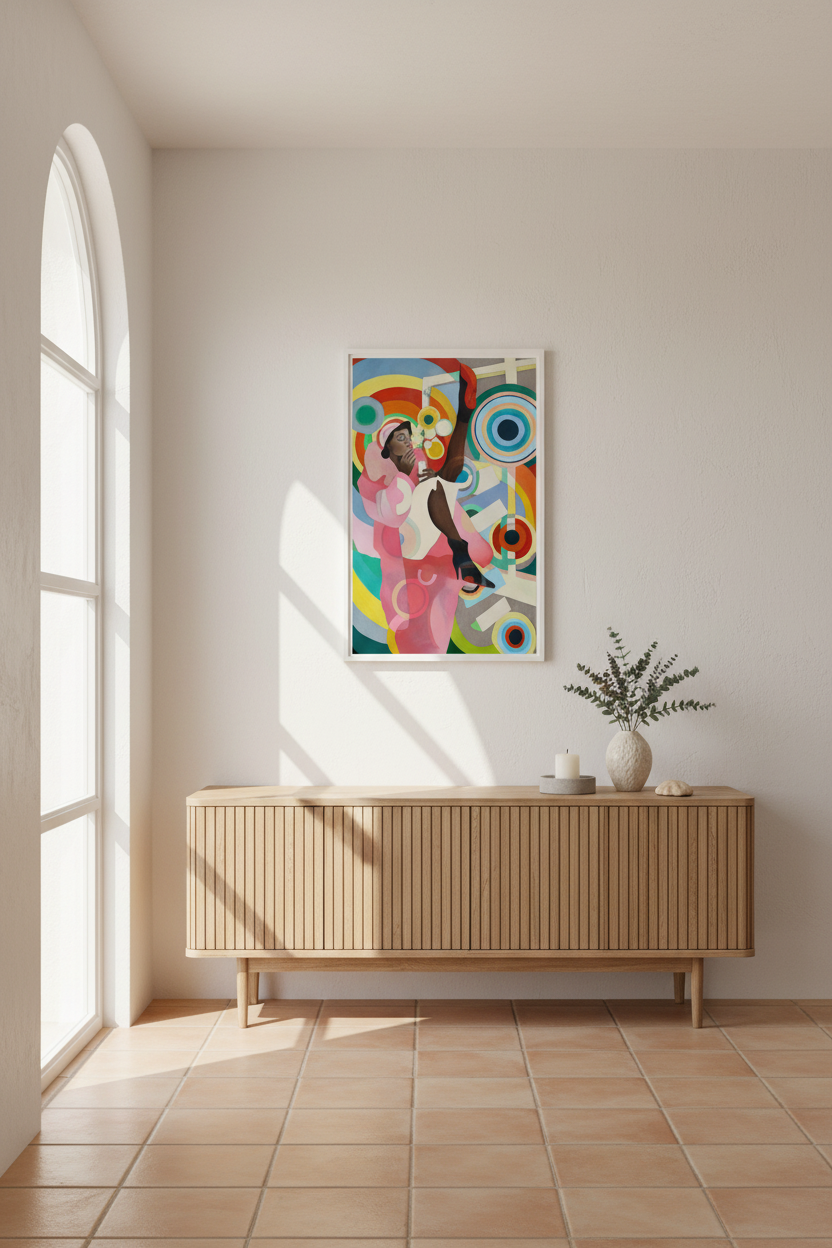 "Sister Delaunay" av Edvarda Braanaas over en sjenk i et mediterrant interiør, Medium 66x40 cm