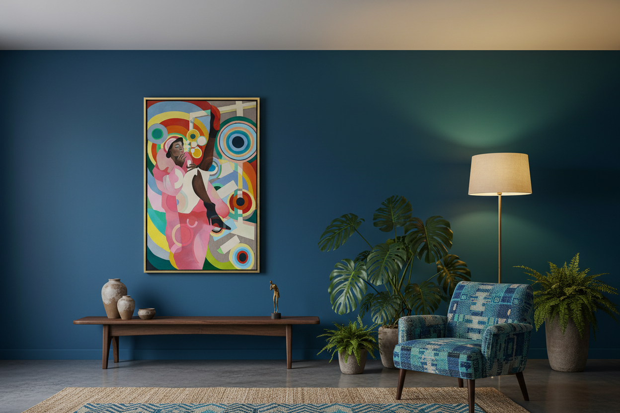 "Sister Delaunay" av Edvarda Braanaas innrammet i et afrikansk luksuriøst interiør med blå og grønne toner, Large 88x54 cm