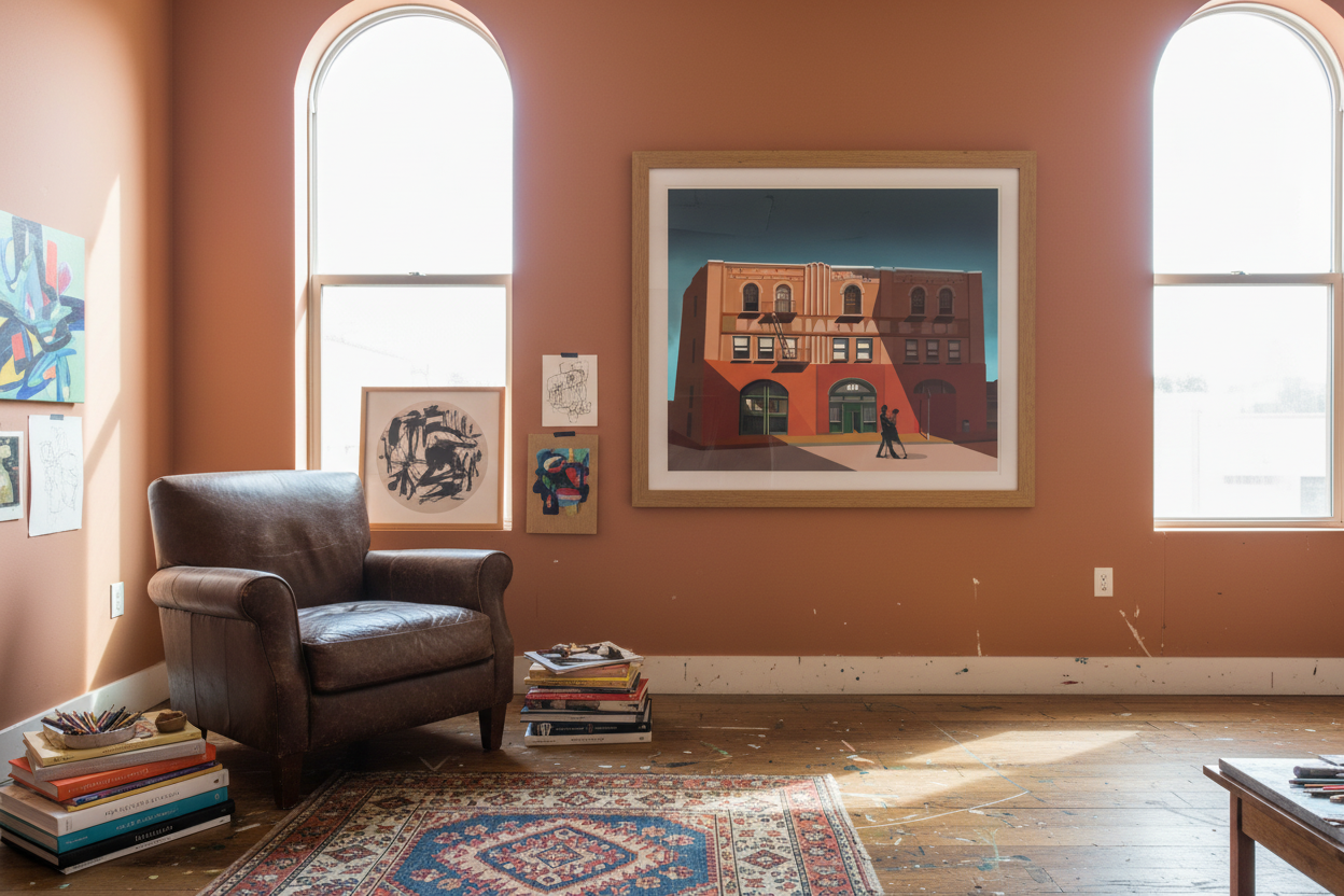 Warehouse Waltz kunsttrykk på terrakotta vegg i LA artist loft med slitt lær og kunstbøker