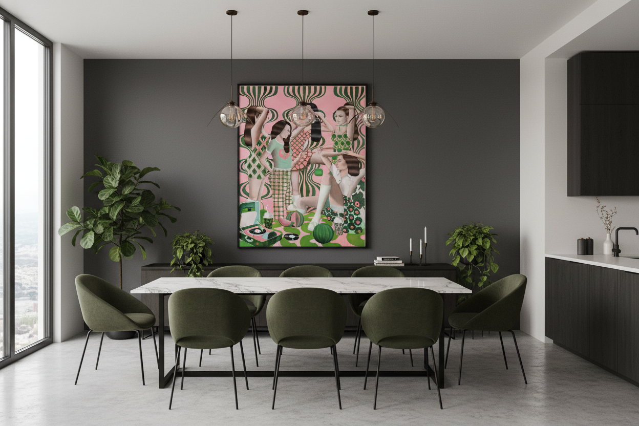 "Les Demoiselles d'Artist" av Edvarda Braanaas innrammet i en elegant spisestue, Large 97x71 cm