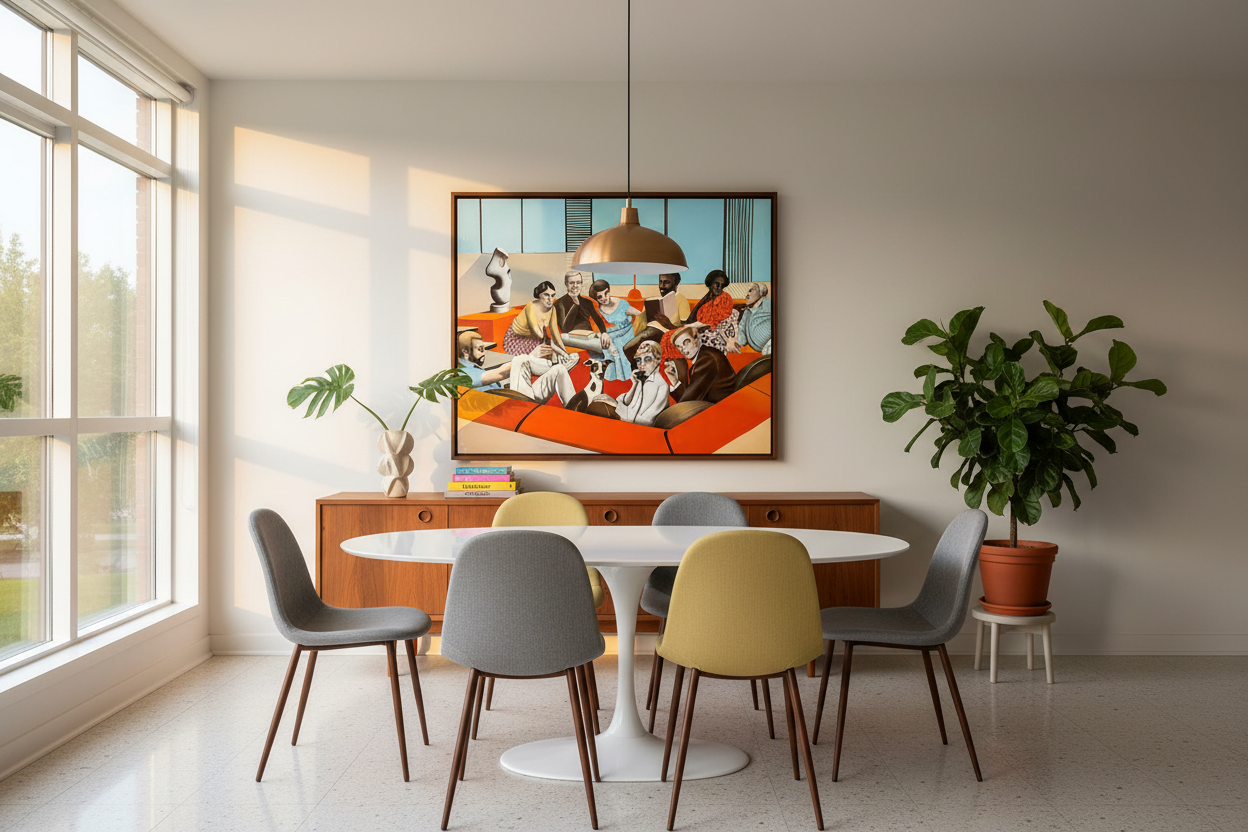 "Conversation Pit" av Edvarda Braanaas innrammet i en mid century modern spisestue