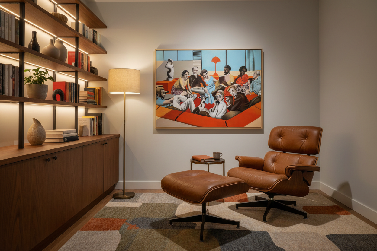 "Conversation Pit" av Edvarda Braanaas innrammet i et mid century modern lesehjørne