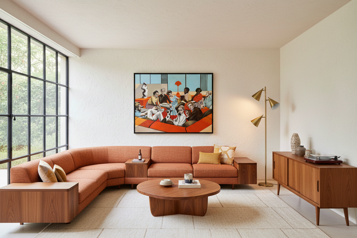 "Conversation Pit" av Edvarda Braanaas innrammet i en mid century modern stue