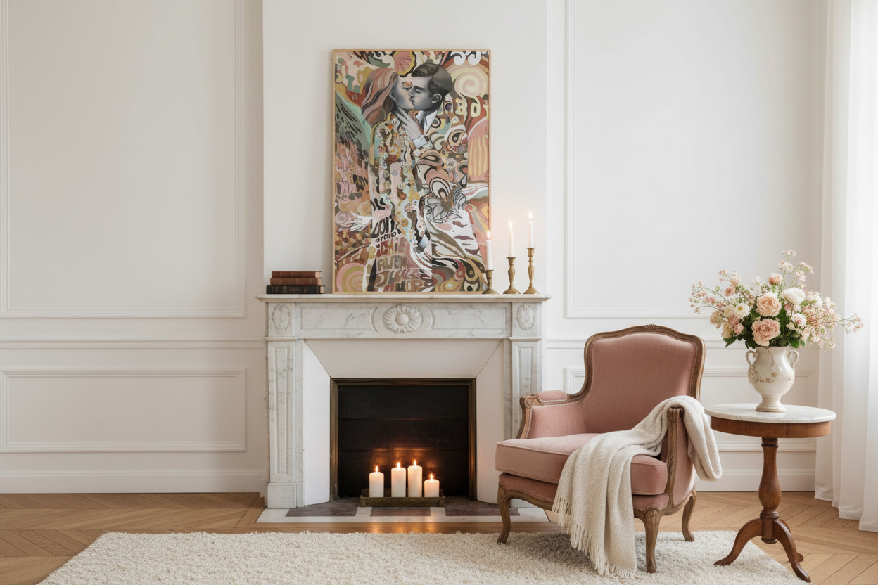 "The Kiss" av Edvarda Braanaas innrammet i en elegant parisisk leilighet