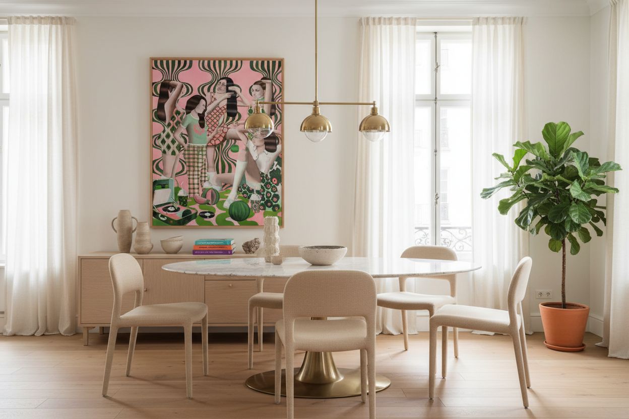 "Les Demoiselles d'Artist" av Edvarda Braanaas innrammet i en elegant spisestue
